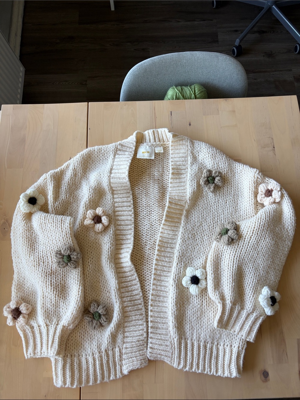 Anthropologie Cream Open-Front Chunky Cardigan with Crochet Flower Appliqués
